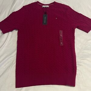 Tommy Hilfiger Men’s Cable-Knit Crewneck Sweater in Deep Berry